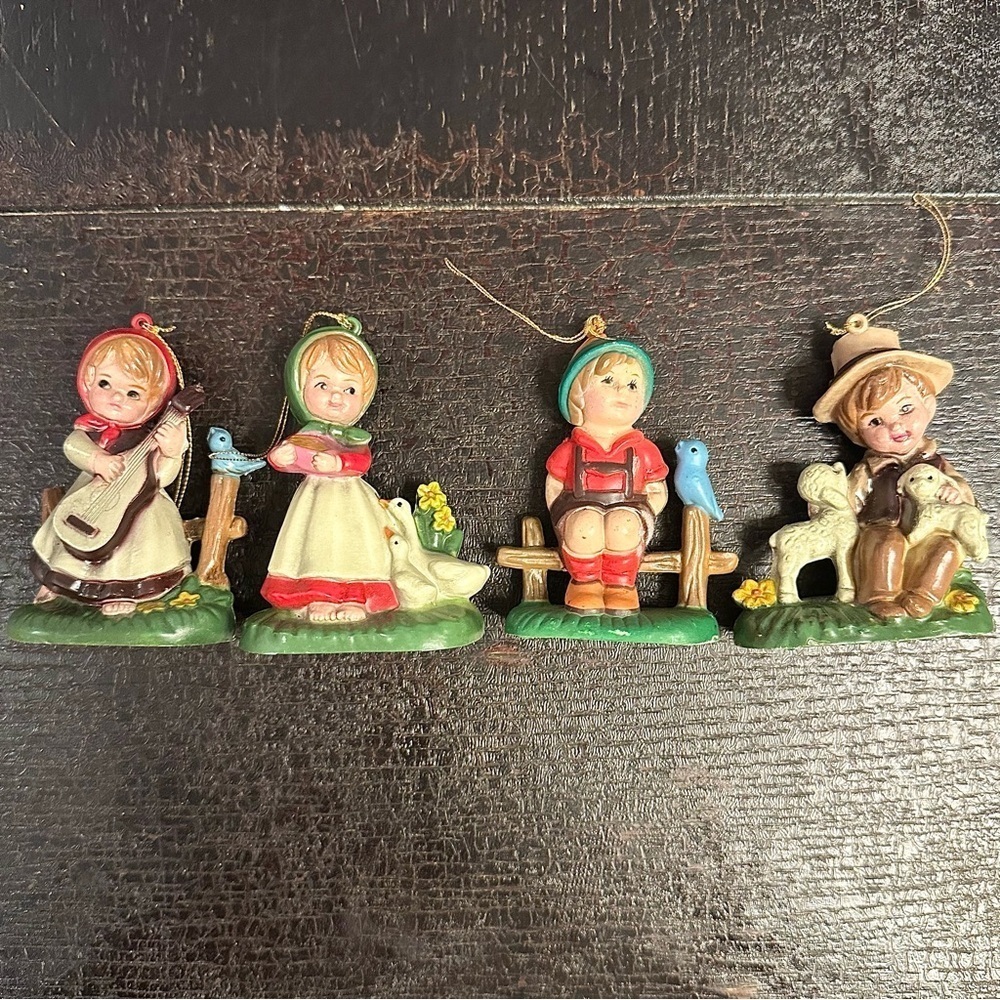 SET of 4 Vintage Bradford Novelty Ornaments Figures Christmas Children Kids Farm